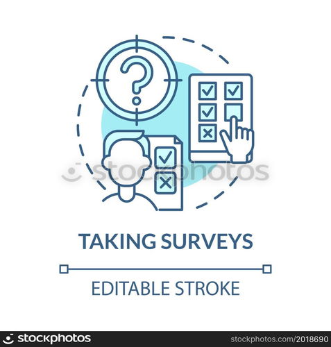 Taking surveys blue concept icon. Making money online approach abstract idea thin line illustration. Answering questions. Paid online surveys. Vector isolated outline color drawing. Editable stroke. Taking surveys blue concept icon