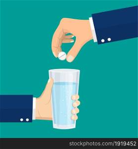 Taking the pills. Man holds in hands the pills and a glass of water. Medical treatment concept.Healthcare. Takingmedicaldrugs. Vector illustration in flat style. Taking the pills.