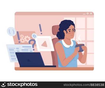 Taking time off from remote work 2D vector isolated illustration. Female employee working from home flat character on cartoon background. Colorful editable scene for mobile, website, presentation. Taking time off from remote work 2D vector isolated illustration