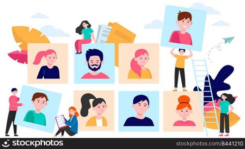 Talent choice concept. Employers looking for candidates for job interview. Managers working with customers. Vector illustration for recruit agency, career, audience topics