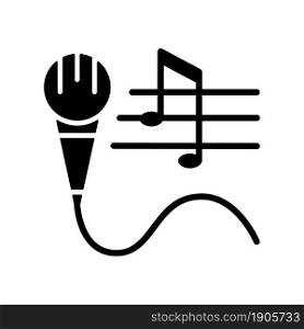 Talent for singing black glyph icon. Vocal lessons and training. Performing song and music. Talented singer. Hobby and entertainment. Isolated vector illustration. Simple filled line drawing. Talent for singing black glyph icon