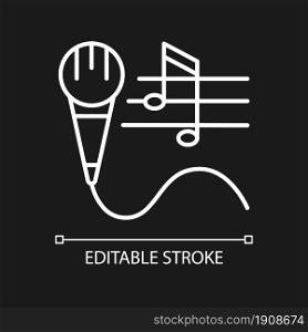 Talent for singing white linear icon for dark theme. Vocal lessons and training. Performing song. Thin line customizable illustration. Isolated vector contour symbol for night mode. Editable stroke. Talent for singing white linear icon for dark theme