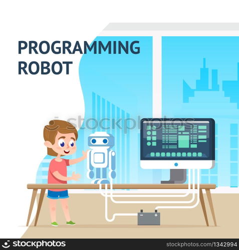 Talent School Boy Programming Robot at Computer. Interesting Digital Coder Programmer Course. Kid Winner of Cyber Robotic Competition Contest Presents Modern Scientific Invention Project.. Talent School Boy Programming Robot Digital Course