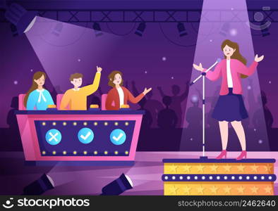 Talent Show with Contestants Displaying their Skill on Stage or Podium in Front of Judges Judging them in Cartoon Illustration