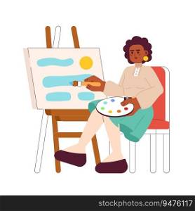 Talented woman painting on easel flat concept vector spot illustration. African american 2D cartoon character with paintbrush on white for web UI design. Isolated editable creative hero image. Talented woman painting on easel flat concept vector spot illustration