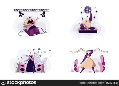 Talented young artists, rock musician playing guitar, dj, professional singer and dancer live performance. Show business, entertainment industry concept cartoon sketch. Flat vector illustration. Talented young artists, rock musician playing guitar, dj, professional singer and dancer live performance