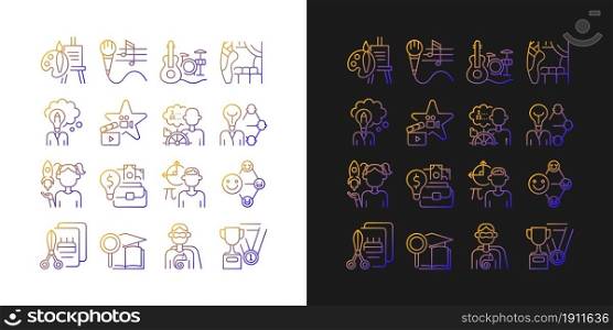 Talents and aptitudes gradient icons set for dark and light mode. Skills and intelligence. Thin line contour symbols bundle. Isolated vector outline illustrations collection on black and white. Talents and aptitudes gradient icons set for dark and light mode