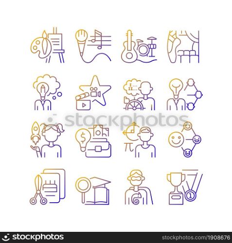 Talents and aptitudes gradient linear vector icons set. Skills and intelligence. Creative and professional abilities. Thin line contour symbols bundle. Isolated outline illustrations collection. Talents and aptitudes gradient linear vector icons set