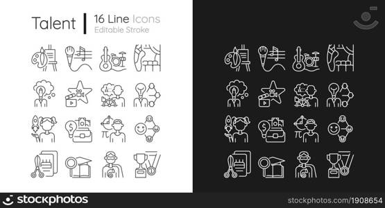 Talents and aptitudes linear icons set for dark and light mode. Vocation. Thin line contour symbols bundle. Customizable thin line symbols. Isolated vector outline illustrations. Editable stroke. Talents and aptitudes linear icons set for dark and light mode