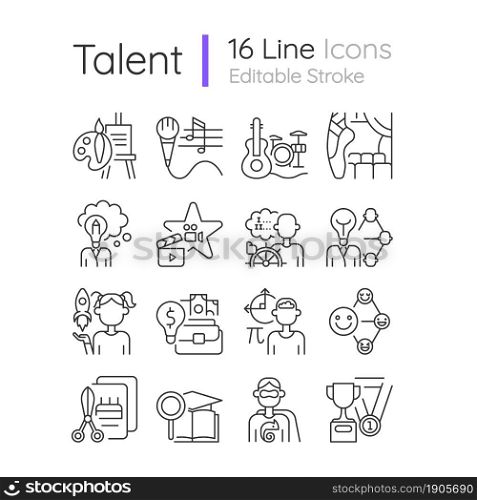 Talents and aptitudes linear icons set. Skills and intelligence. Creative and professional abilities. Customizable thin line contour symbols. Isolated vector outline illustrations. Editable stroke. Talents and aptitudes linear icons set