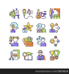 Talents and aptitudes RGB color icons set. Skills and intelligence. Creative and professional abilities. Occupation and hobby. Isolated vector illustrations. Simple filled line drawings collection. Talents and aptitudes RGB color icons set