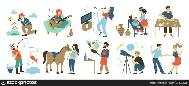 Talents and skills, hobbies vector. Photo and playing music, singing and pottery, puzzles and fishing, horse riding and cooking, astronomy and dancing. Hobbies and Leisure Activities, Talents and Skills