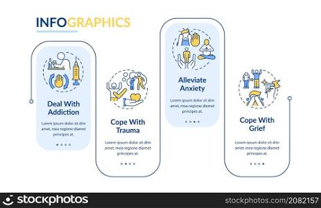 Talk about mental health rectangle infographic template. Cope with grief. Data visualization with 4 steps. Process timeline info chart. Workflow layout with line icons. Lato-Bold, Regular fonts used. Talk about mental health rectangle infographic template