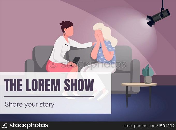 Talk show banner flat vector template. TV program brochure, poster concept design with cartoon characters. Chat show with interviews and conversations horizontal flyer, leaflet with place for text . ZIP file contains: EPS, JPG. If you are interested in custom design or want to make some adjustments to purchase the product, don&rsquo;t hesitate to contact us! bsd@bsdartfactory.com. Talk show banner flat template