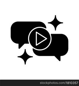 Talk show black glyph icon. Interview broadcast for television entertainment. Watch conversation in video recording. Speech bubble. Silhouette symbol on white space. Vector isolated illustration. Talk show black glyph icon