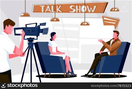 Talk show flat composition with indoor scenery of television studio with tv host guest and cameraman vector illustration
