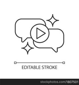 Talk show linear icon. Interview broadcast for television entertainment. Speech bubble. Thin line customizable illustration. Contour symbol. Vector isolated outline drawing. Editable stroke. Talk show linear icon