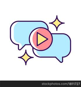 Talk show RGB color icon. Interview broadcast for television entertainment. Watch conversation online in video recording. Speech bubble. Isolated vector illustration. Simple filled line drawing. Talk show RGB color icon
