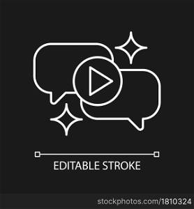 Talk show white linear icon for dark theme. Interview broadcast for television entertainment. Thin line customizable illustration. Isolated vector contour symbol for night mode. Editable stroke. Talk show white linear icon for dark theme