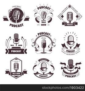 Talk shows and podcasts stations labels and emblem with retro microphones and inscriptions. Isolated stickers for stations and broadcasting channels. Online and internet streaming. Vector in flat. Podcasts and radio stations with talk shows labels
