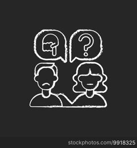 Talk to someone chalk white icon on black background. Help to upset person. Psychological support for abuse victim. Sad man speak with woman. Isolated vector chalkboard illustration. Talk to someone chalk white icon on black background