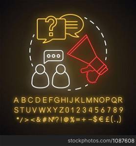Talk to someone neon light concept icon. Problem discussion broadcast. Spread of information. Human communication idea. Glowing sign with alphabet, numbers and symbols. Vector isolated illustration
