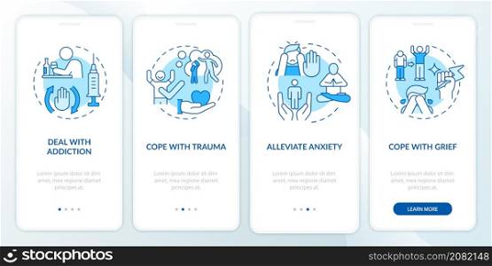 Talking about mental health blue onboarding mobile app screen. Trauma walkthrough 4 steps graphic instructions pages with linear concepts. UI, UX, GUI template. Myriad Pro-Bold, Regular fonts used. Talking about mental health blue onboarding mobile app screen