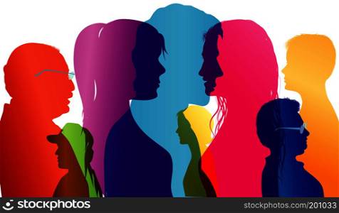 Talking crowd. Dialogue between people of different ages. Colored silhouette profiles. Comparison of people. Vector Multiple exposure