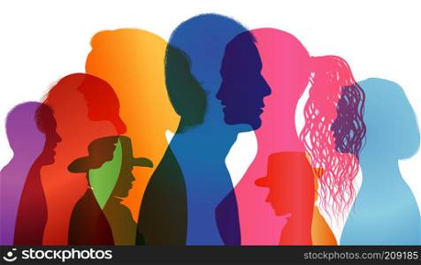 Talking crowd. Dialogue between people. People talking. Colored silhouette profiles. Multiple exposure vector