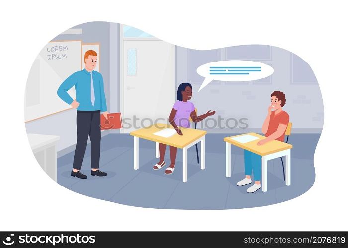 Talking during lessons 2D vector isolated illustration. Chattering students and angry teacher flat characters on cartoon background. Teacher frustration reason. Classroom distraction colourful scene. Talking during lessons 2D vector isolated illustration