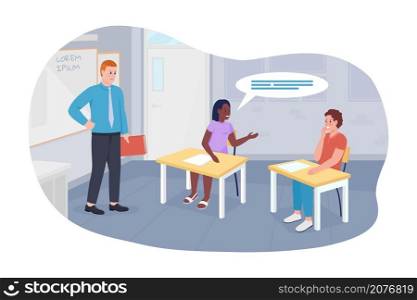 Talking during lessons 2D vector isolated illustration. Chattering students and angry teacher flat characters on cartoon background. Teacher frustration reason. Classroom distraction colourful scene. Talking during lessons 2D vector isolated illustration