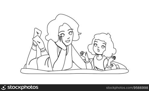 talking kid mother vector. parent daughter, family girl, love happy, talk woman, young conversation talking kid mother character. people black line illustration. talking kid mother vector