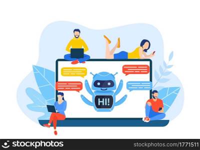 Talking to a chatbot online on laptop computer. Communication with a chat bot. Customer service and support. Artificial intelligence concept.. Talking to a chatbot online on laptop computer.
