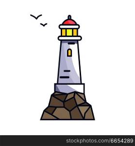 Tall beacon with light on rock and small birds that fly by. Special construction on water surface to make signals for ships vector illustration.. Tall Beacon with Light on Rock and Small Birds