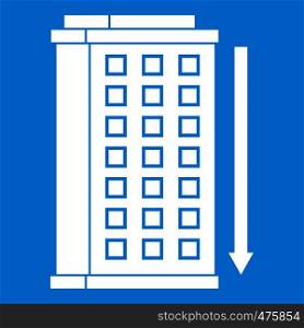 Tall building and down arrow icon white isolated on blue background vector illustration. Tall building and down arrow icon white