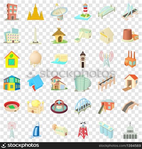 Tall building icons set. Cartoon style of 36 tall building vector icons for web for any design. Tall building icons set, cartoon style
