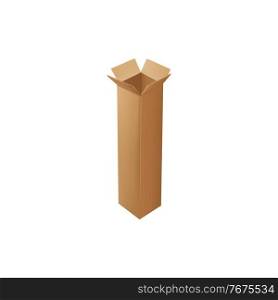 Tall carton box isolated delivery package or packaging isolated icon. Vector shipping and delivery transportation container, narrow cardboard pack. Carton box delivery package rectangle tall empty box. Box packaging open carton container isolated icon