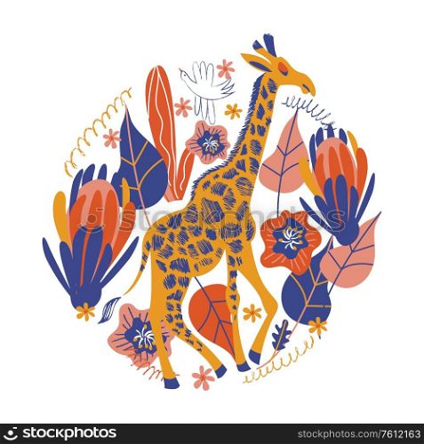 Tall giraffe among exotic flowers.Vector illustration of a round shape on a white background.. Flower arrangement a round shape and a cute giraffe. Vector illustration on a white background.