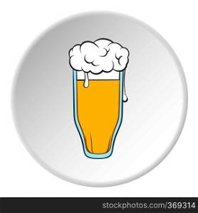 Tall glass of beer icon in cartoon style on white circle background. Drink symbol vector illustration. Tall glass of beer icon, cartoon style