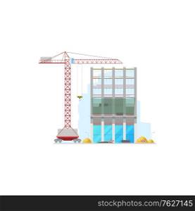 Tall office building construction isolated facade and lifting crane icon. Vector machinery and stop signs, piles of build materials. House construction site, store warehouse or office building. Skyscraper construction site isolated building