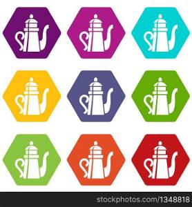 Tall teapot icons 9 set coloful isolated on white for web. Tall teapot icons set 9 vector