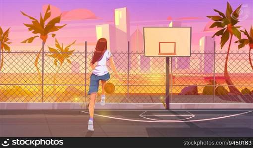 Tall young woman playing basketball on street court. Vector cartoon illustration of female player dribbling ball near basket, palm trees and sunset city buildings on background. Active lifestyle. Young woman playing basketball on street court