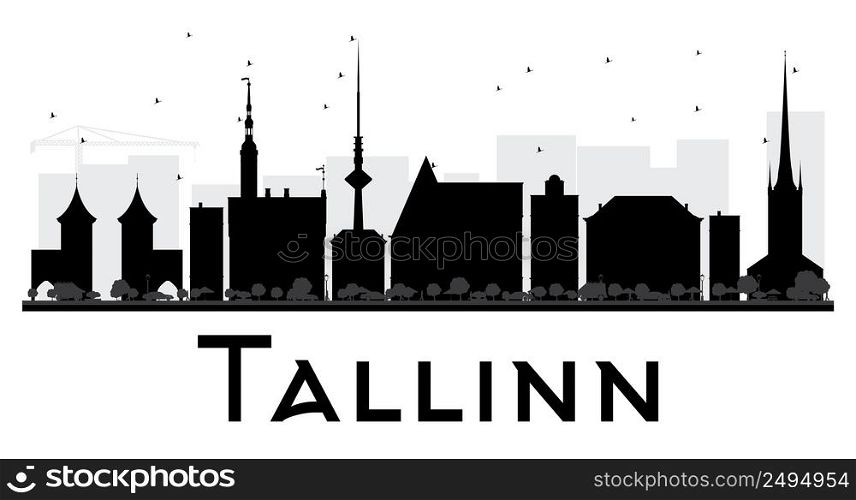 Tallinn City skyline black and white silhouette. Vector illustration. Simple flat concept for tourism presentation, banner, placard or web site. Business travel concept. Cityscape with landmarks