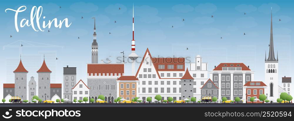 Tallinn Skyline with Gray Buildings and Blue Sky. Vector Illustration. Business Travel and Tourism Concept with Historic Buildings. Image for Presentation Banner Placard and Web Site.