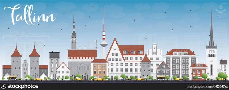 Tallinn Skyline with Gray Buildings and Blue Sky. Vector Illustration. Business Travel and Tourism Concept with Historic Buildings. Image for Presentation Banner Placard and Web Site.