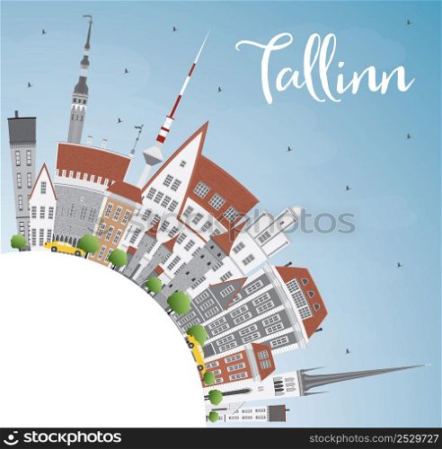 Tallinn Skyline with Gray Buildings, Blue Sky and Copy Space. Vector Illustration. Business Travel and Tourism Concept with Historic Buildings. Image for Presentation Banner Placard and Web Site.