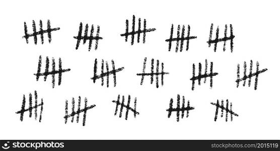 Tally marks. Hand drawn lines or sticks sorted by four and crossed out. Simple mathematical count visualization, prison or jail wall counter. Vector illustration isolated on white background.. Tally marks. Hand drawn lines or sticks sorted by four and crossed out. Simple mathematical count visualization, prison or jail wall counter. Vector illustration isolated on white background