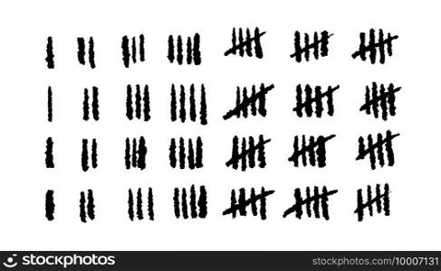 Tally marks. Prison days count slash symbols scratches on wall, jail hand drawn hash brush lines collection. Rough scrawled line signs in row. Simple counting of quantity. Vector stick counter set. Tally marks. Prison days count slash symbols scratched on wall, jail hand drawn hash brush lines collection. Rough scrawled line signs in row. Simple counting of quantity vector set