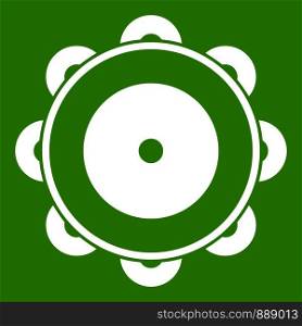 Tambourine icon white isolated on green background. Vector illustration. Tambourine icon green