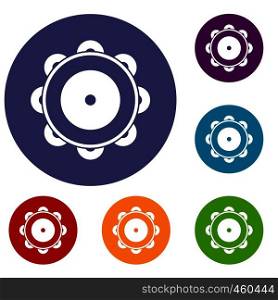 Tambourine icons set in flat circle reb, blue and green color for web. Tambourine icons set